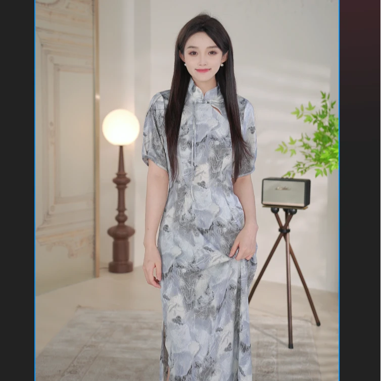 珂纱曼水连衣裙女文艺立领短袖高级感气质长裙KL20724