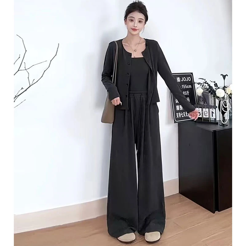 软糯三件套时尚简约长袖开衫休闲阔腿休闲套装