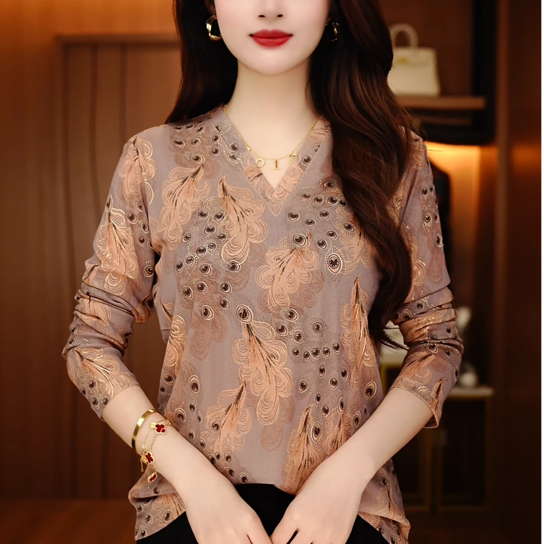 F240026-春秋抗起球高端显瘦百搭减龄气质时尚套头网纱修身T恤