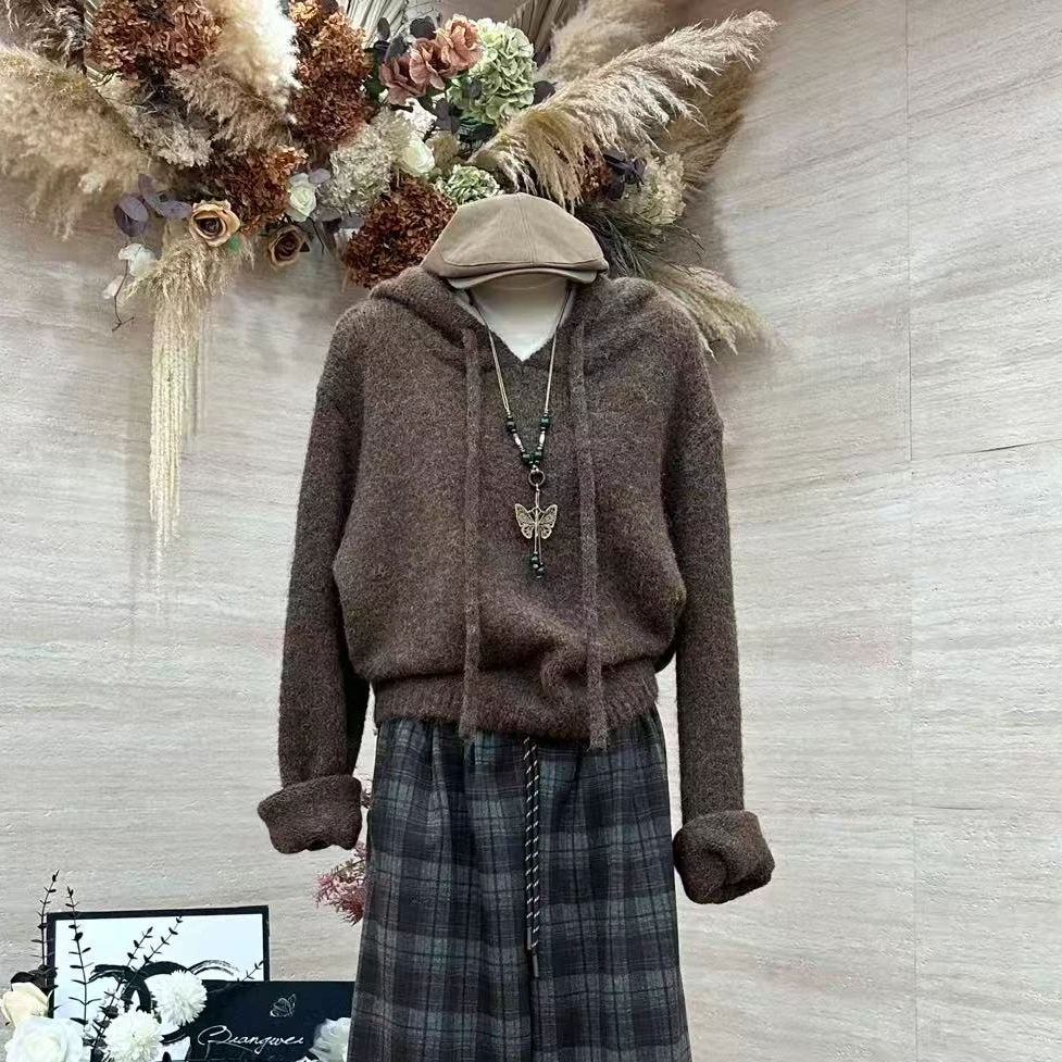 【午后咖啡】复古慵懒风软糯显瘦帽衫毛衣-8308