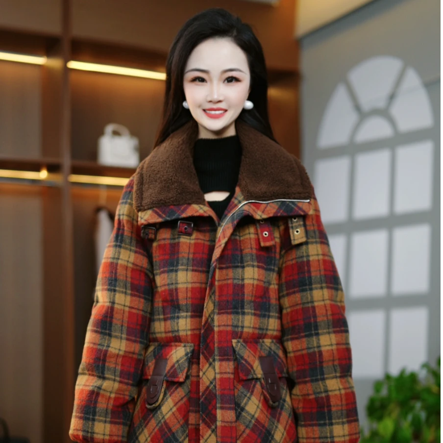 冬季时尚百搭复古格纹修身显瘦减龄加厚白鸭绒羽绒服M-4XL