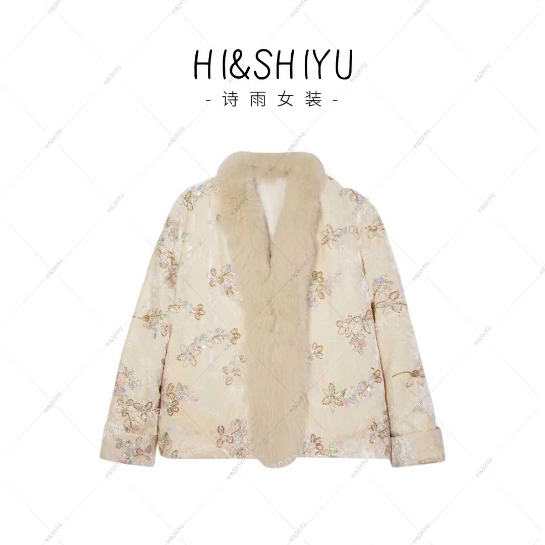 HISHIYU【琉璃花盏】狐狸毛丝绒90%白鹅绒新中式国风羽绒服259614