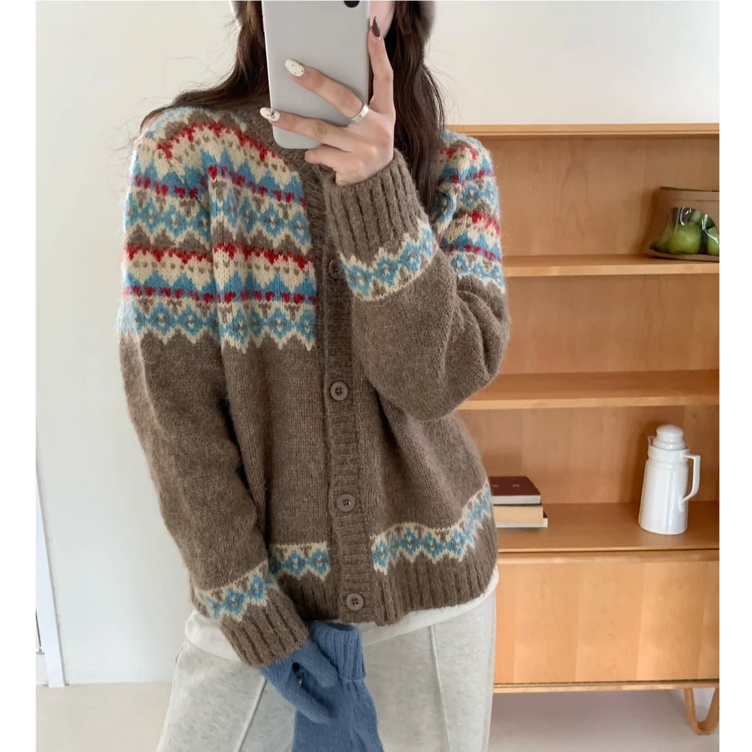 秋冬新款韩系开衫毛衣外套时尚百搭撞色针织慵懒风拼色复古针织衫