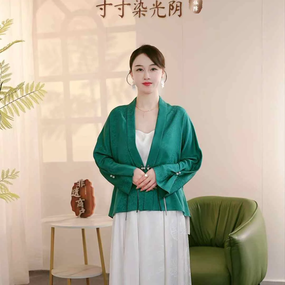 中国丝绸隆鹊『小兰花翠绿色罗』绞罗开衫新中式夏季中国风小清新
