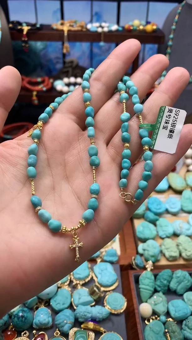 银S925镶嵌绿松石颈饰玉化糖豆项链