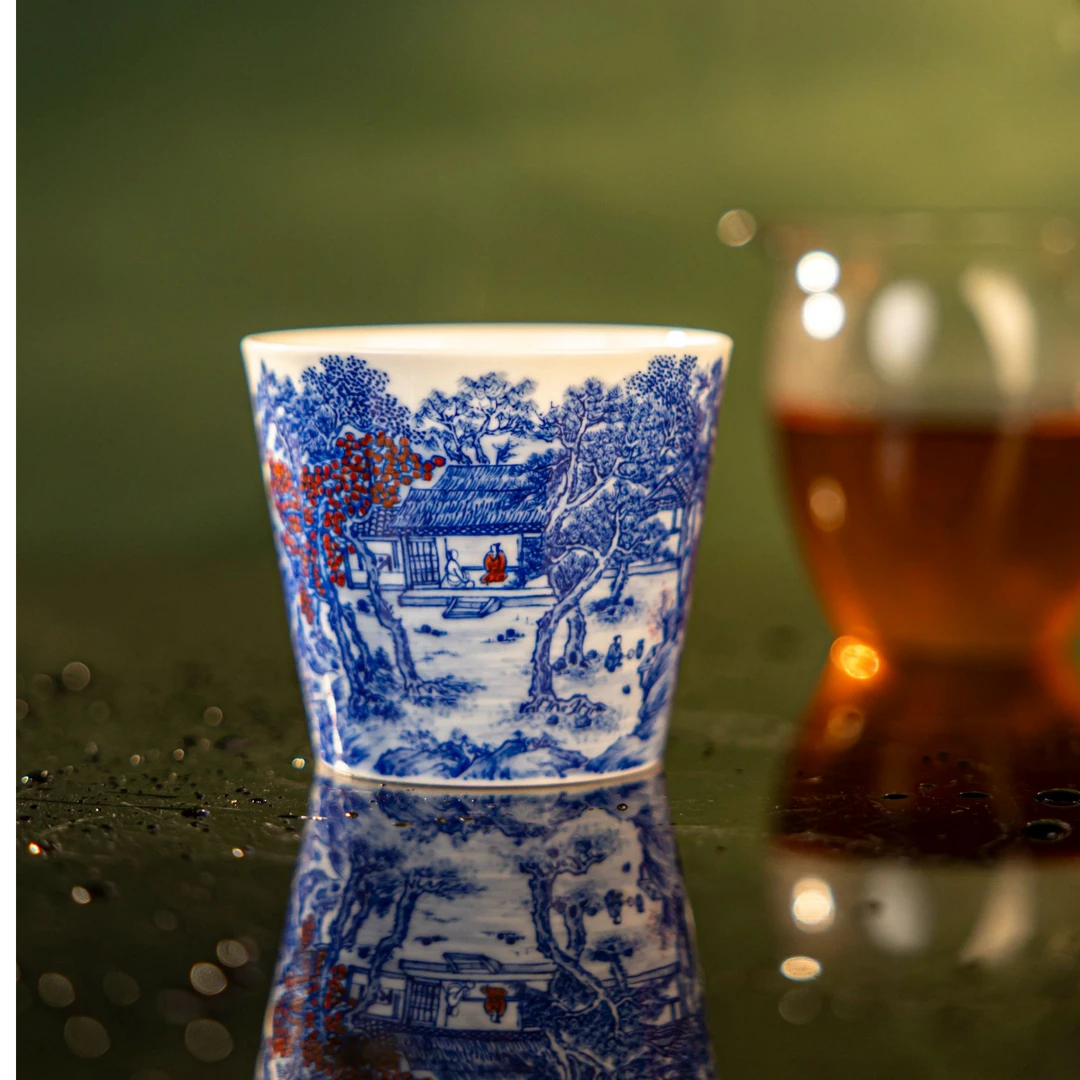 【小乔赏瓷】古聿清三青花山水直筒杯林泉论道guyu52纯手工陶瓷