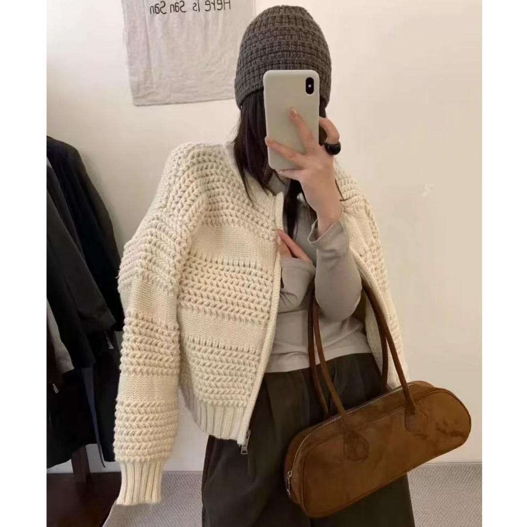 2025秋冬慵懒风拉链保暖纯色加厚粗针毛衣设计感开衫毛衫上衣外套