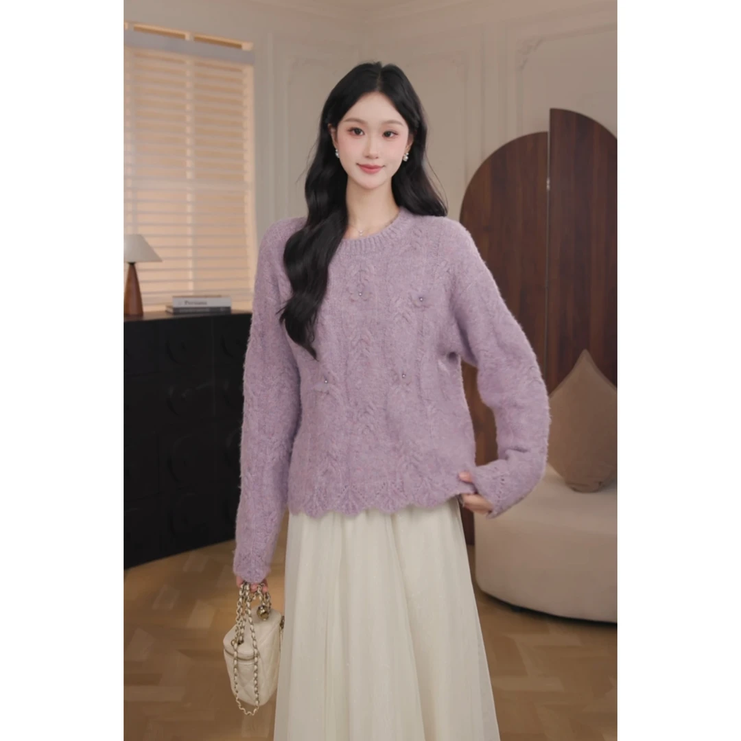 鹿向南「芋泥奶糖」2025新款针织衫女秋新款设计感独特毛衣QJD00648