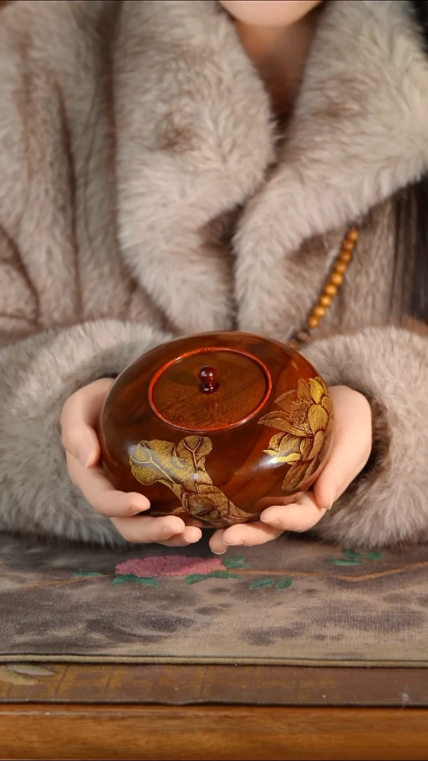 古沉金丝楠手工绘画戗金茶叶罐