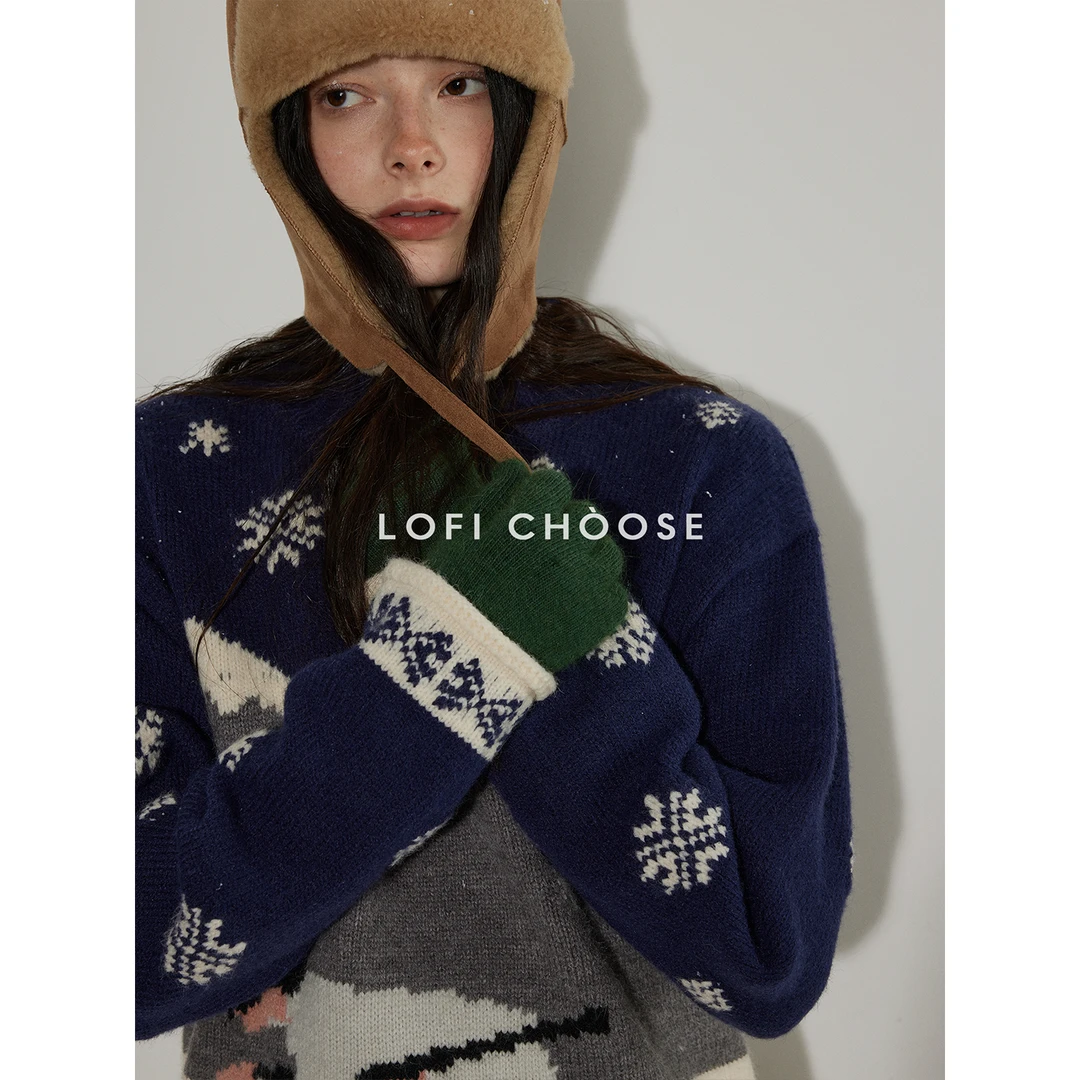 Lofi choose 撞色提花设计感针织毛衣女冬季新款软糯宽松套头上衣