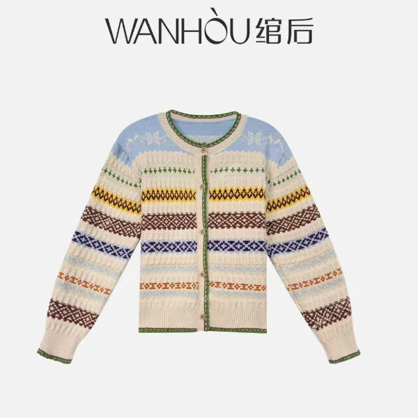 【C3598】绾后-新款百搭宽松拼色复古提花开衫SS