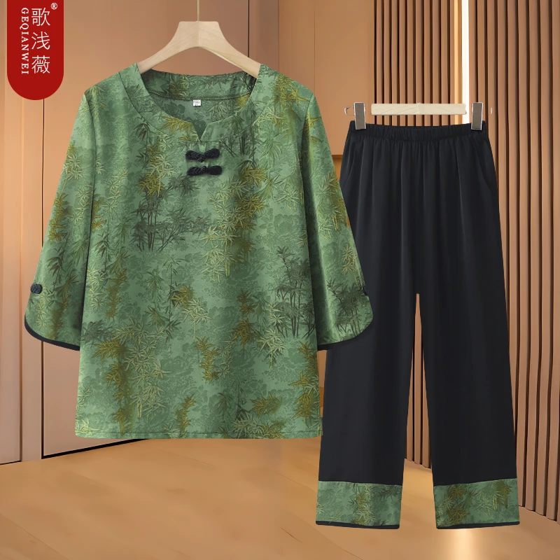 中老年人女装妈妈夏季七分袖衬衫套装60岁70岁奶奶老太太夏装衣服