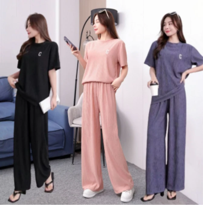 2025新款春夏季刺绣两件套短袖女简约休闲宽松百褶拖地时尚套装