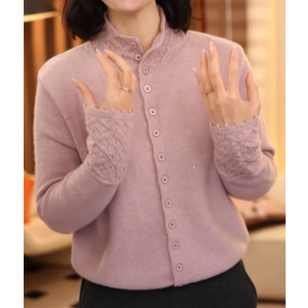 韩系轻熟风手工钩花半高领珠片开衫2025秋冬新款时尚洋气优雅毛衣