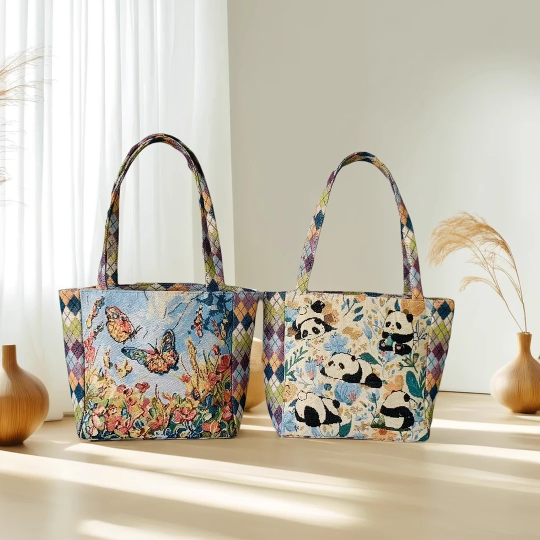 菱格包刺绣双面手提包民族风百搭中国风正梯文艺甜美风休闲便当包