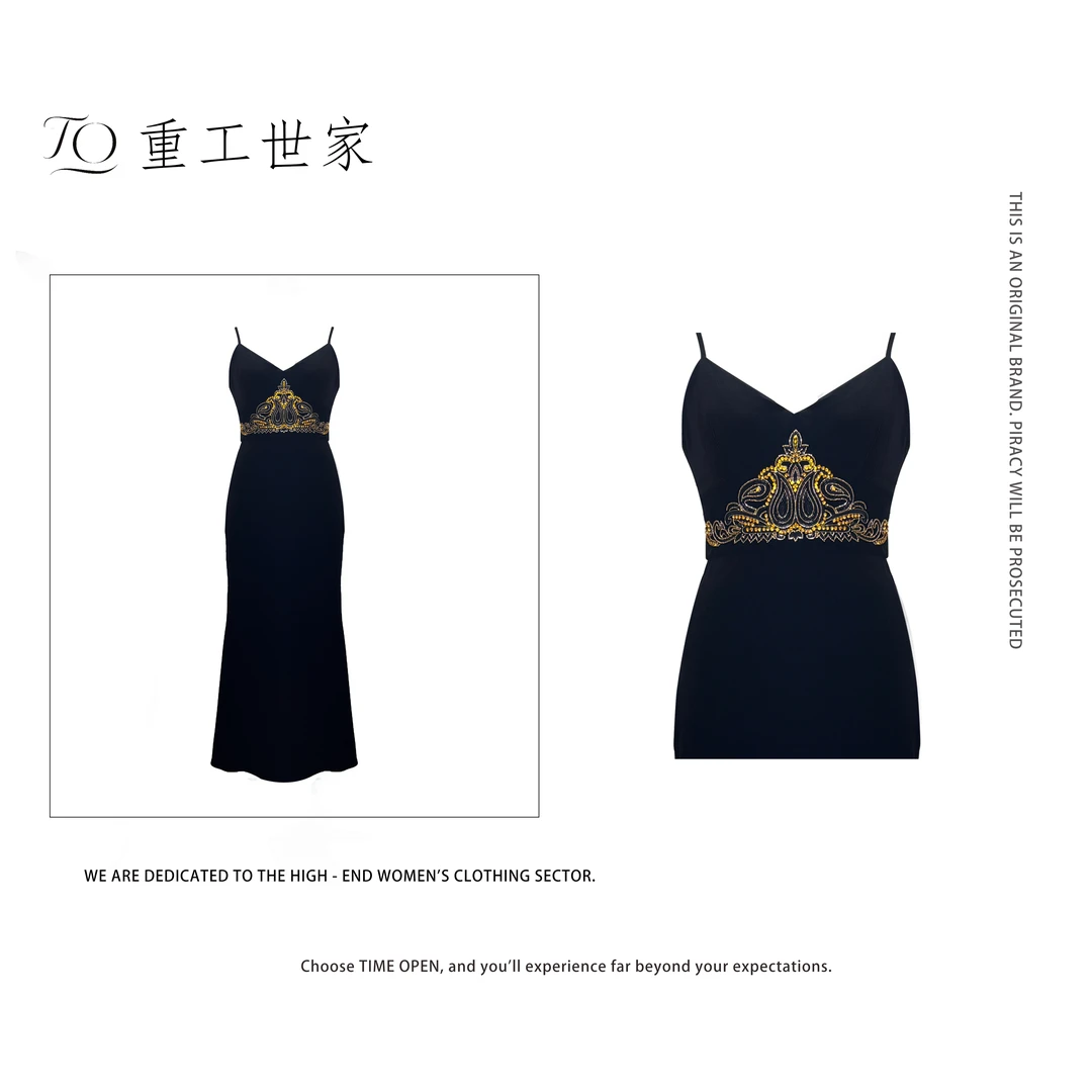 【25S女神降临】重工刺绣高定修身轻奢时尚气质腰间金钻丝绒连衣裙