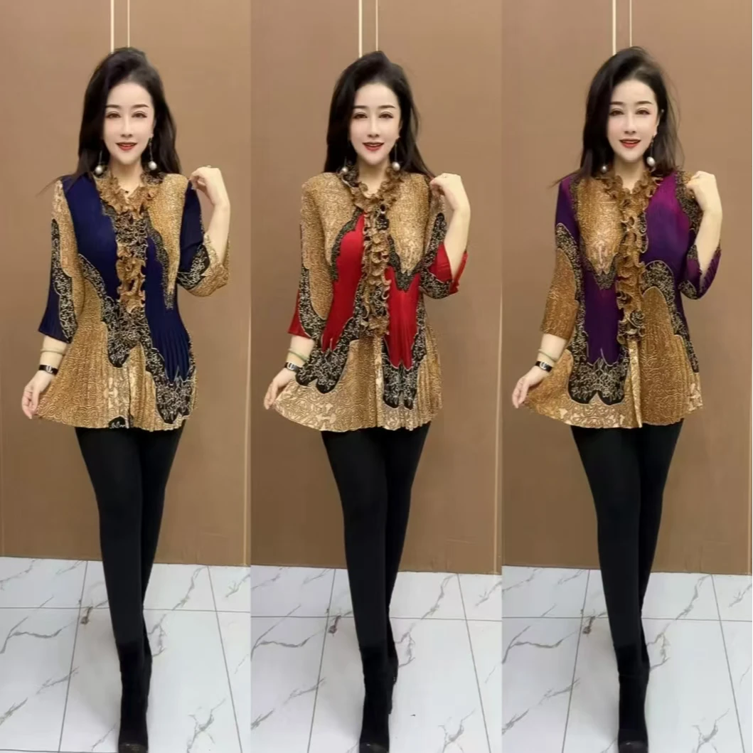 DM时尚新春款花色褶皱气质大版衫