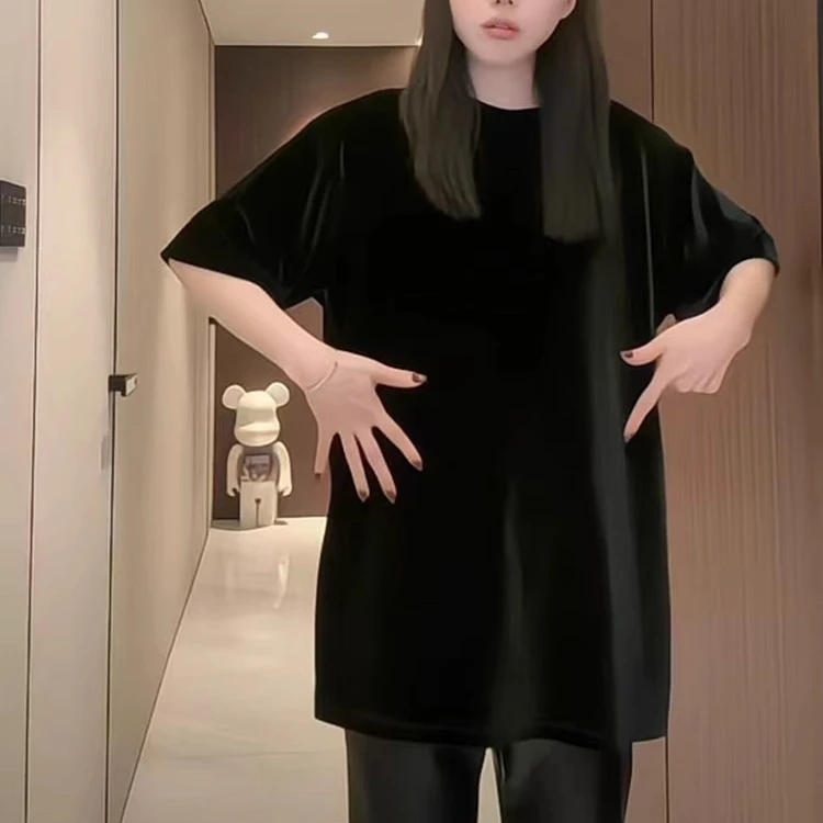 欧货春季气质丝绒短袖t恤女2025年新款百搭中长款漂亮穿搭上衣潮