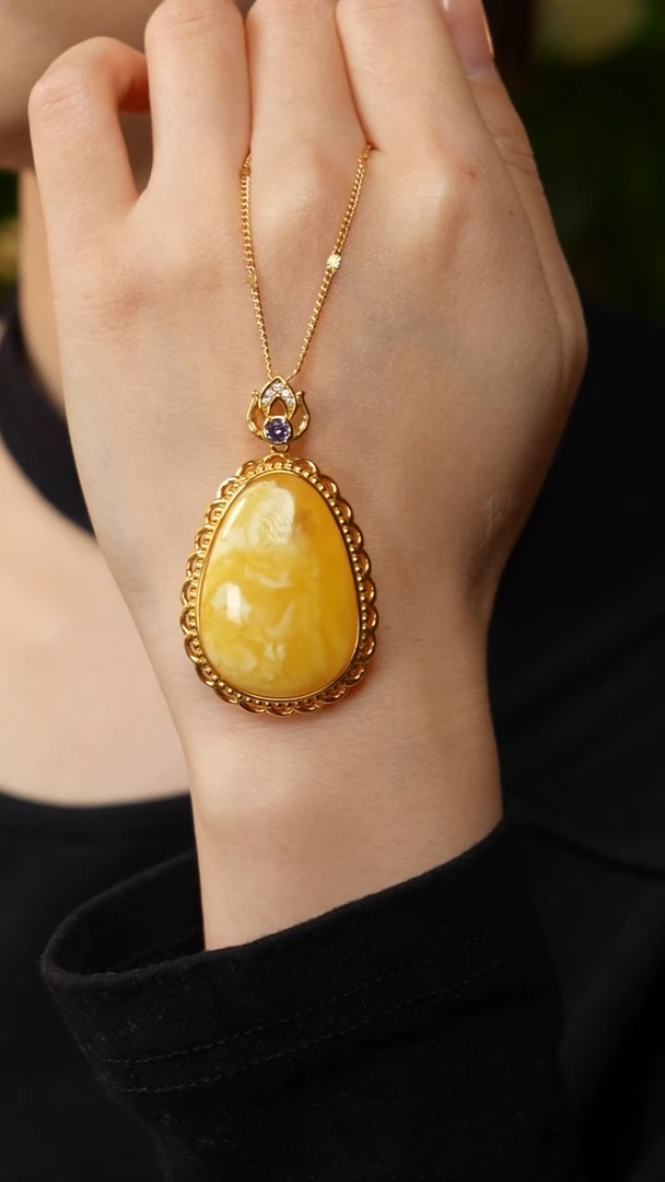 银S925镶嵌蜜蜡戒指蜜蜡吊坠30*22