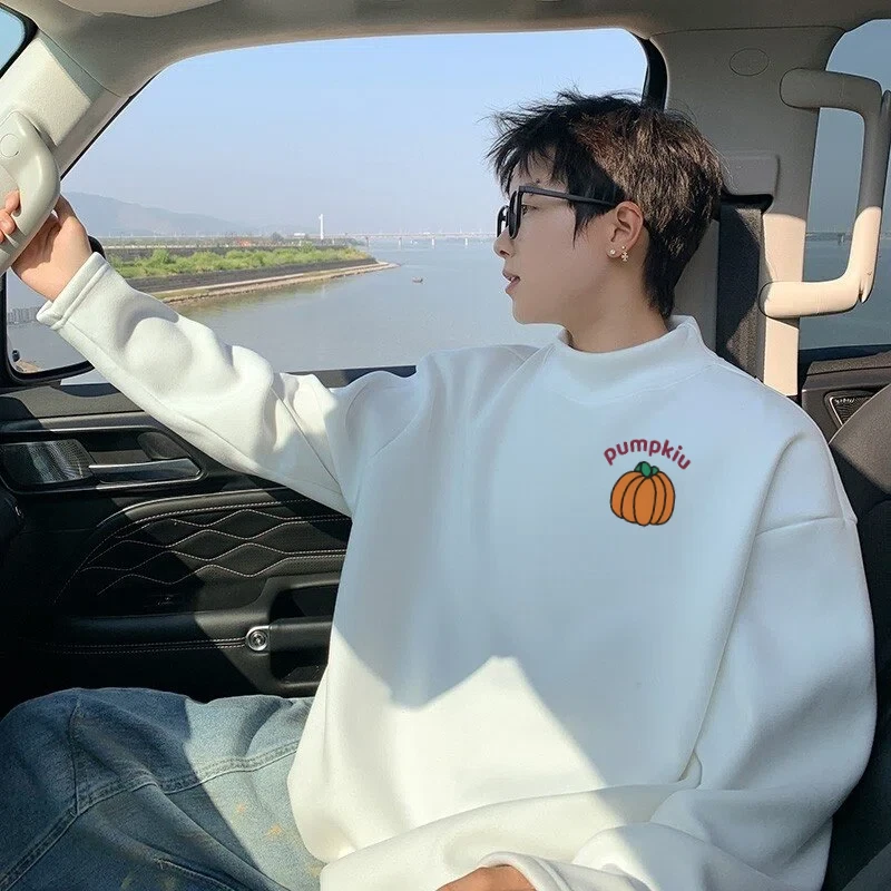 趣味南瓜图半高领德绒打底衫男秋冬新款内搭外穿保暖宽松长袖上衣