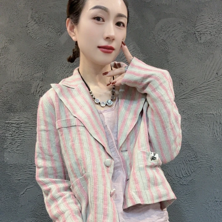 原创新款粉杏条纹亚麻套装【定制款】