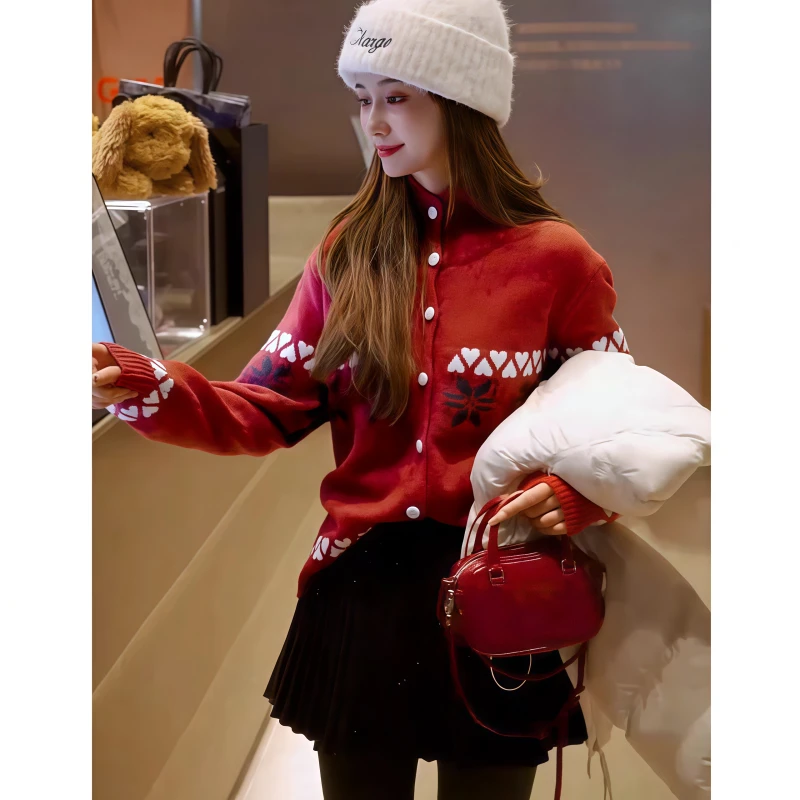 复古时髦气质高领单排扣针织开衫女秋冬季高级感休闲百搭宽松毛衣