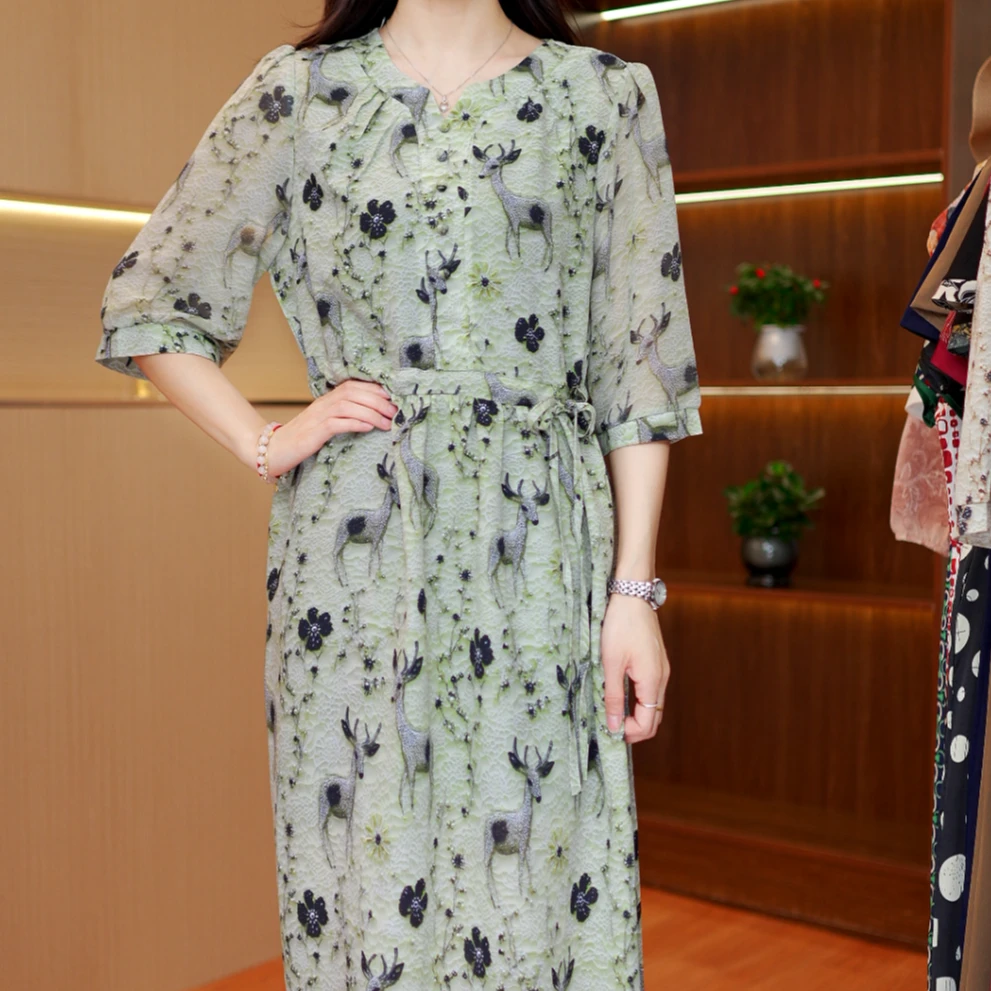 时尚百搭连衣裙女装中长裙休闲风高弹力气质夏季复古显瘦