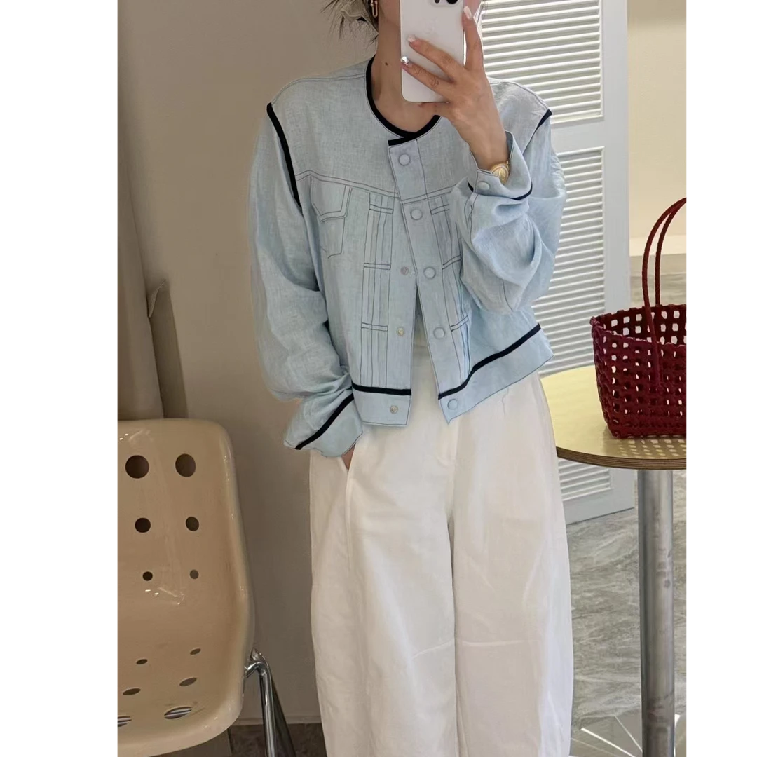 撞色线条圆领薄款防晒衣外套女短2025新款明线单排扣洋气长袖上衣