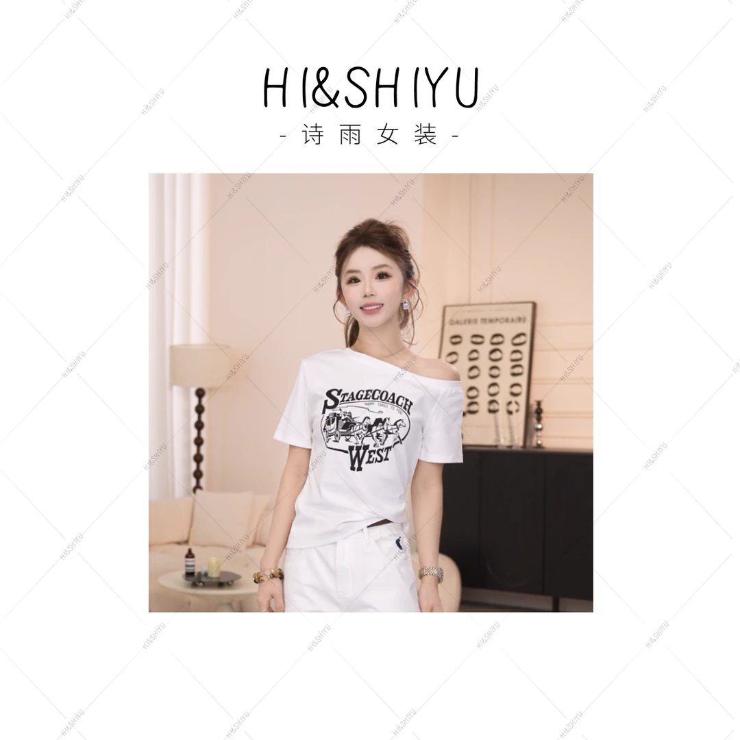 HISHIYU【氧气感】夏季新款斜领印花T恤不规则领口字母短袖女2025
