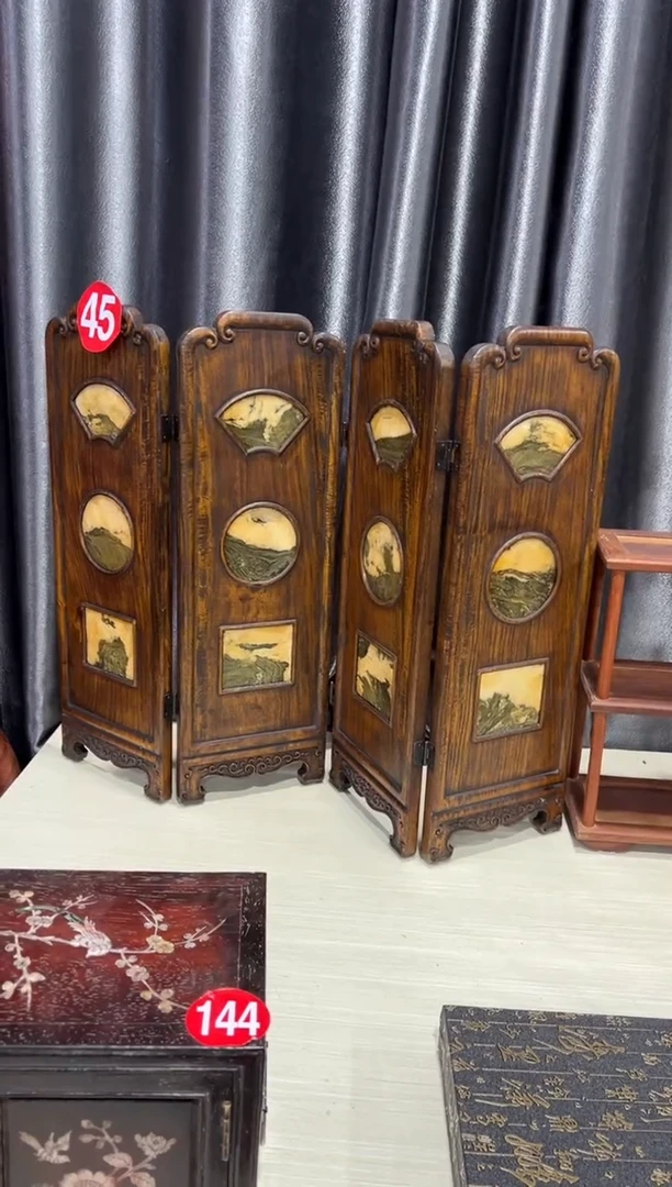 木木檀香木四连屏云石屏风