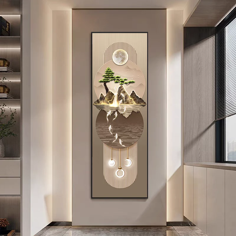 迎客松进门玄关装饰画新中式客厅窄长条走廊过道挂画入户画正对门