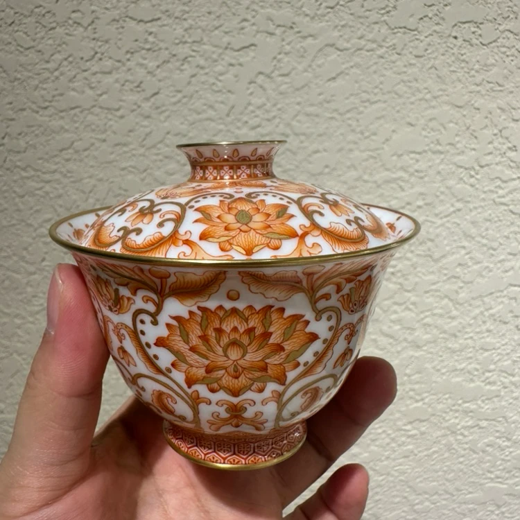 【珽珽溯源】溢珍堂 矾红缠枝莲薄胎盖碗 家用瓷器茶周边