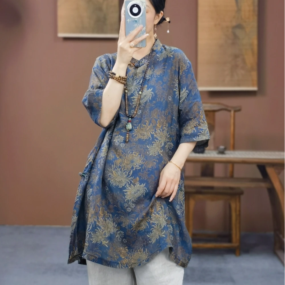 束心新中式女装新款苎麻印花立领盘扣五分袖衬衫女中长款休闲罩衫