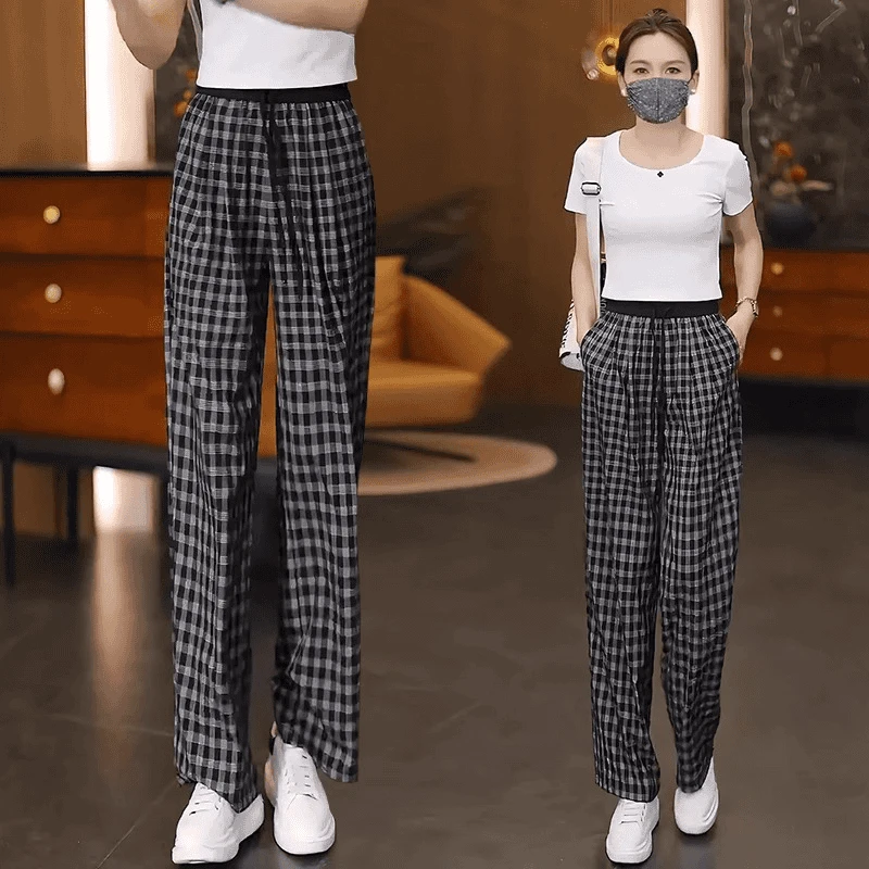 黑白格子直筒裤女薄款2025夏季新款松紧腰慵懒垂坠感阔腿休闲裤子