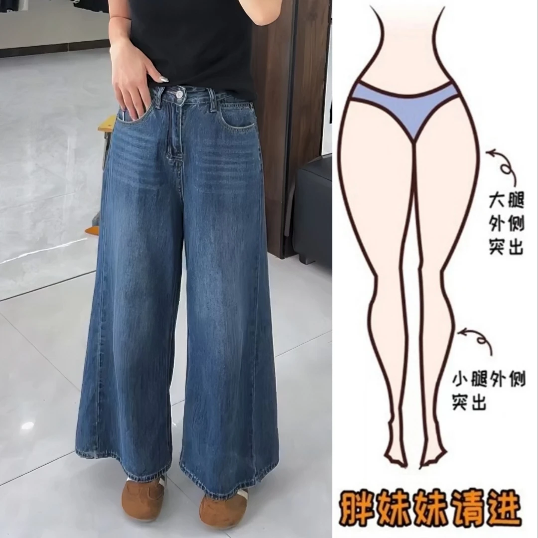 Aimeerosa/艾洛莎蓝色百搭高腰阔腿牛仔裤女秋季新款时髦显瘦长裤
