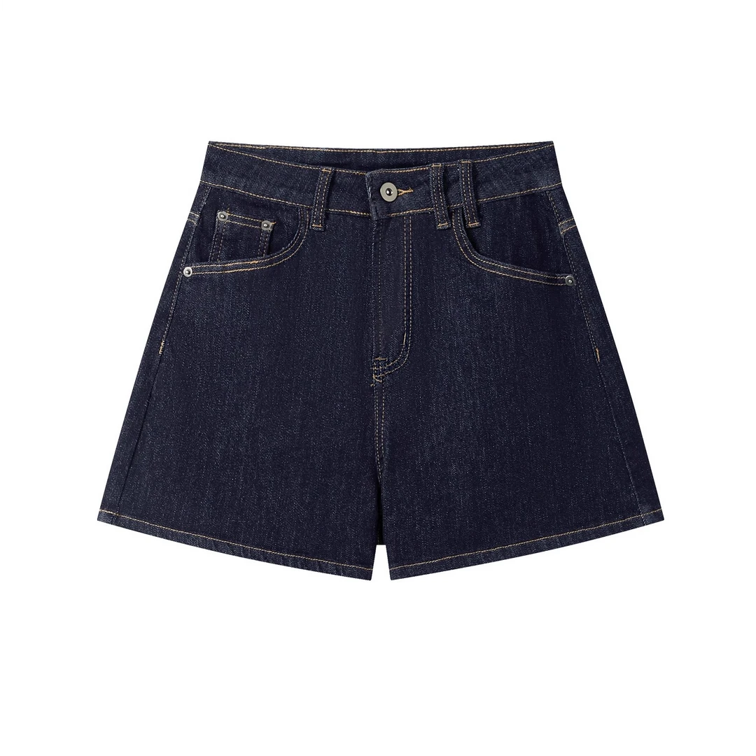 羊城故事-复古蓝色高腰百搭牛仔裤女通勤宽松直筒短裤6635
