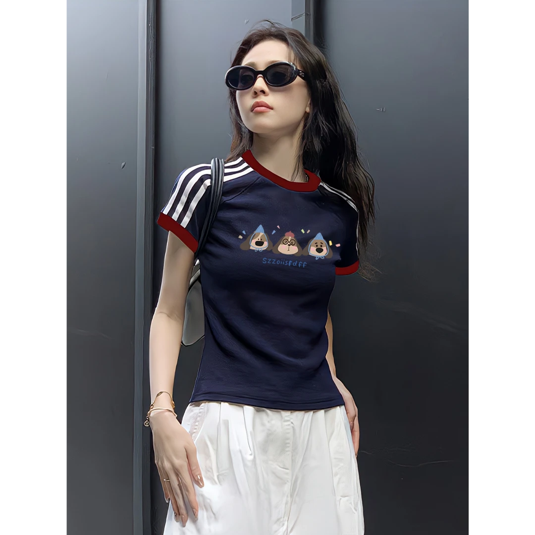 正肩修身短款t恤女夏季2025爆款三条杠短袖ins时尚潮牌小个子上衣