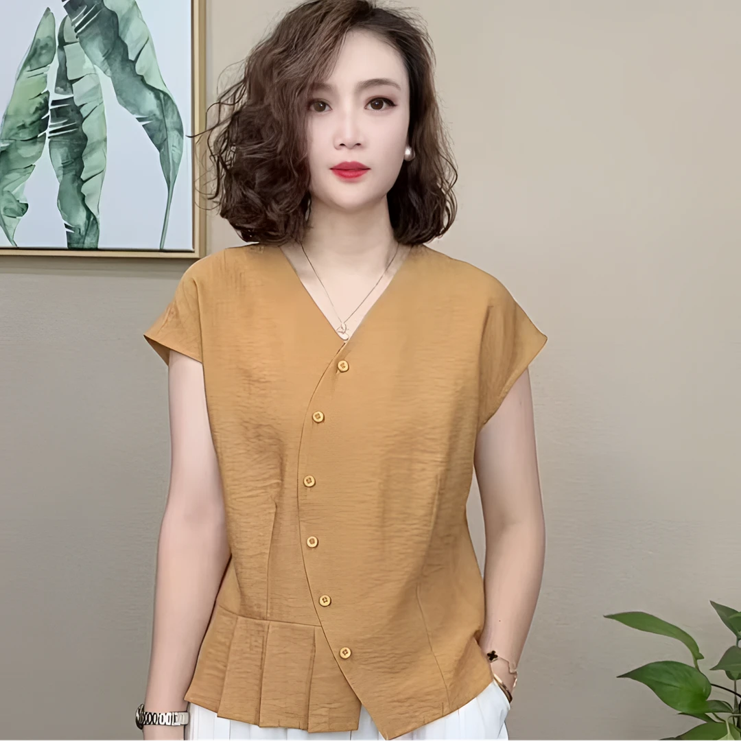 夏季女士2025新款时尚洋气百搭减龄显瘦气质V领短袖T恤上衣56788