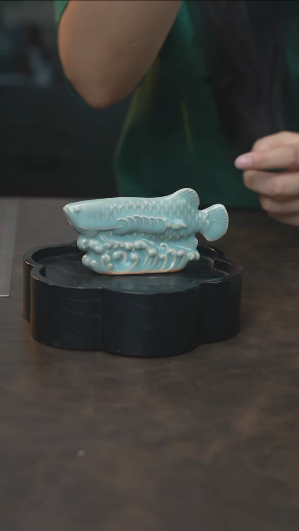 龙鱼摆件 汝瓷 （拾汝）（天青）