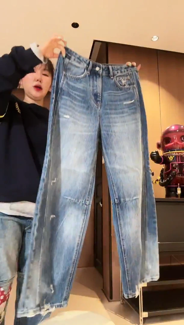 叮当米老鼠卡通做旧宽松显瘦牛仔裤