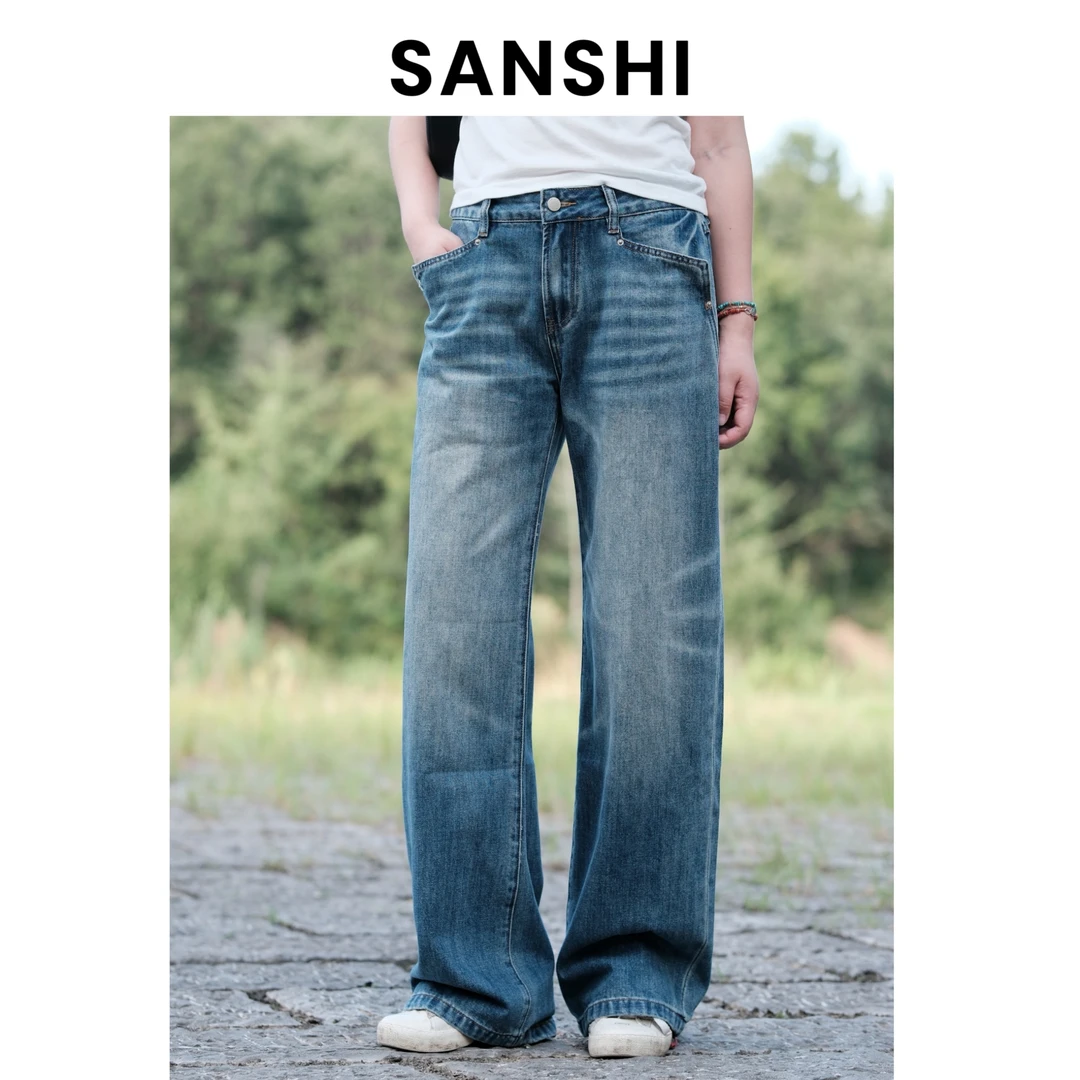 SANSHI【超模裤】秋款美式复古风低腰显瘦牛仔裤女 百搭时尚直筒裤