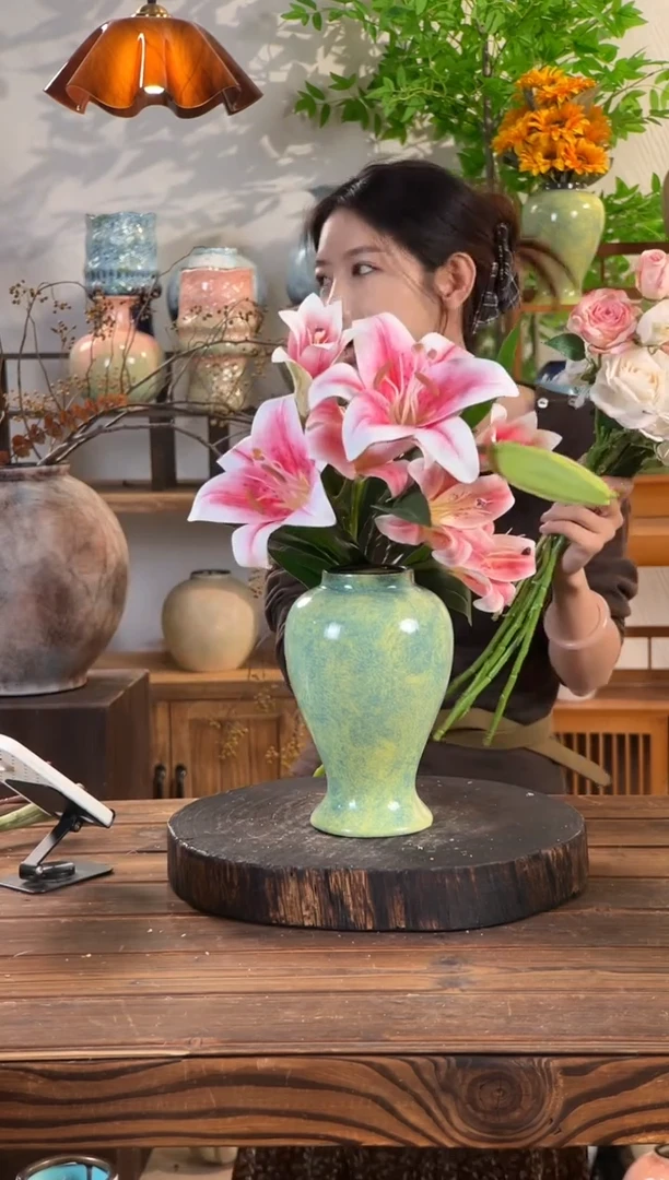 [绿野仙踪-中号美人花瓶】复古绿色陶瓷花瓶干花鲜花陶罐桌面斗柜