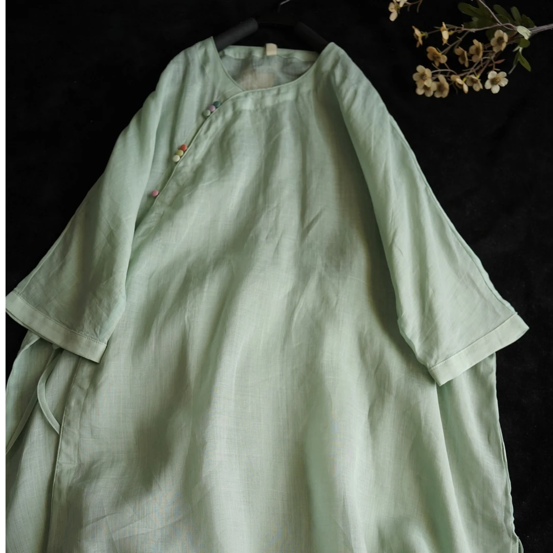 静家 新中式苎麻绿色七分袖衬衫彩扣中长款宽松上衣加阔腿裤