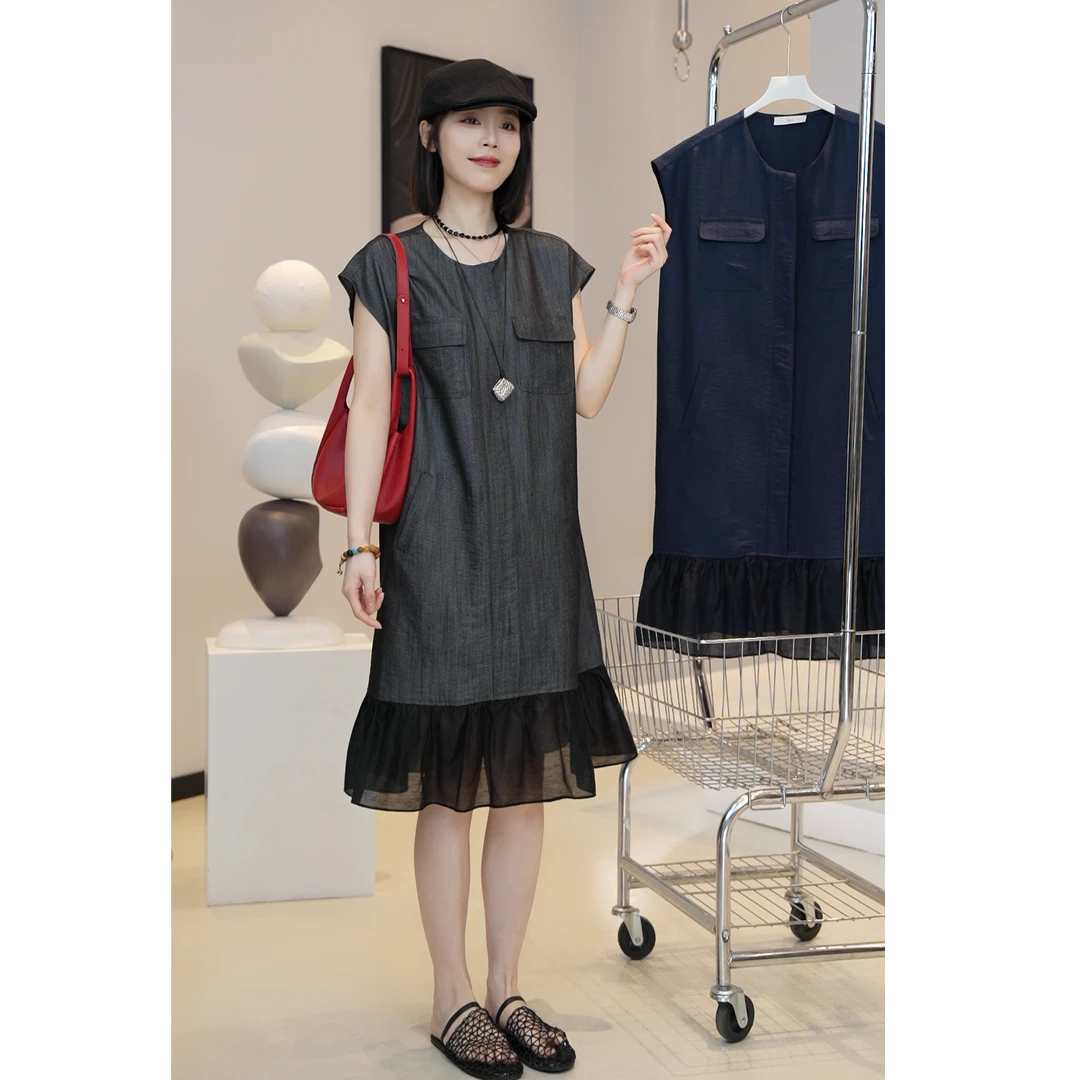 现货【YUE YUE】夏季新款洋气松弛感小众下摆拼接纱无袖连衣裙D777