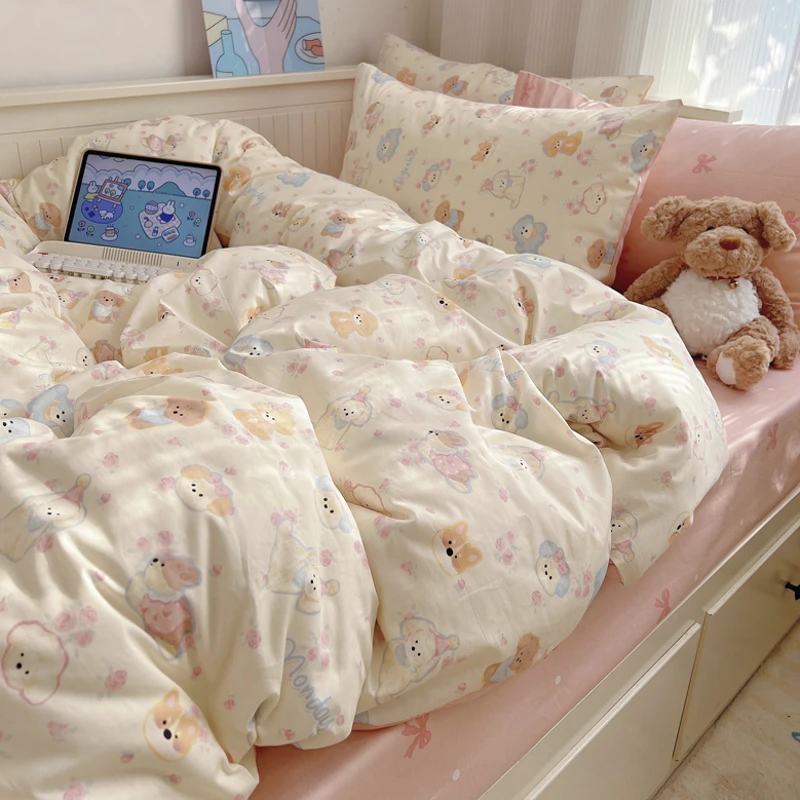 奶油风可爱纯棉四件套全棉卡通狗狗学生宿舍被套床单人三件套家纺