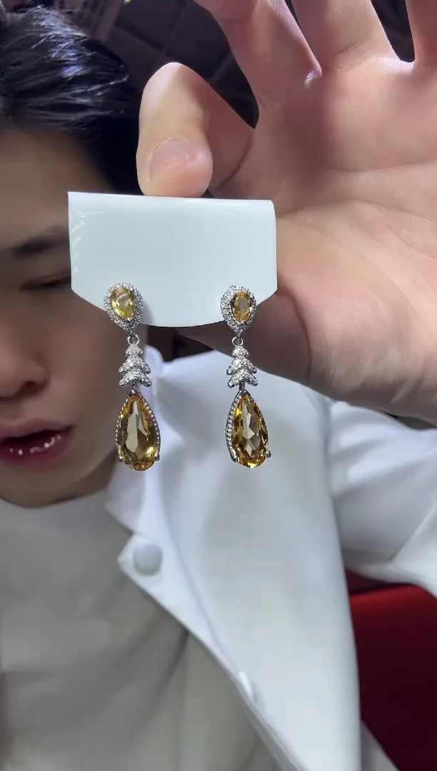 银S925镶嵌耳饰黄晶8*14mm耳坠