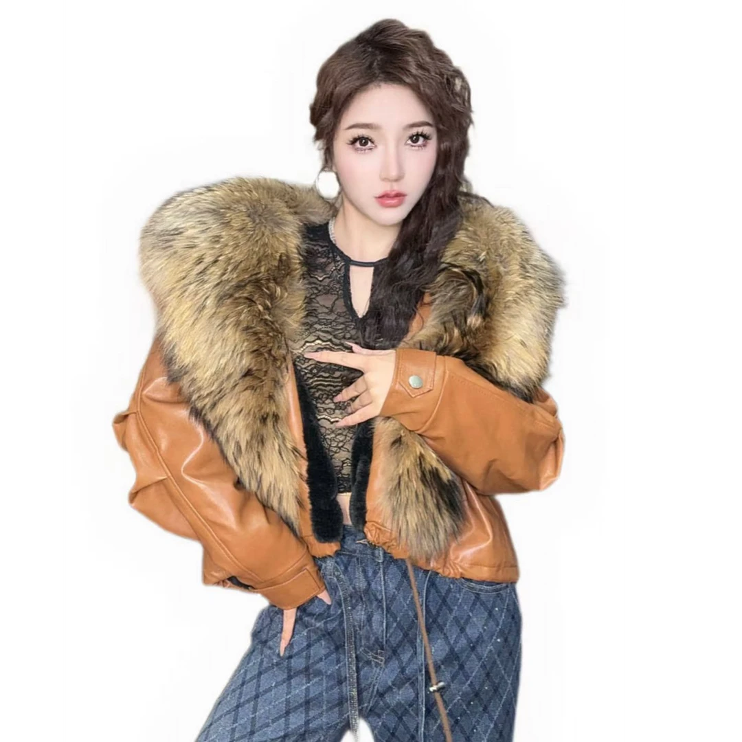 25199焦糖色毛领可拆防脏长袖厚款女耐磨短外套设计师短款