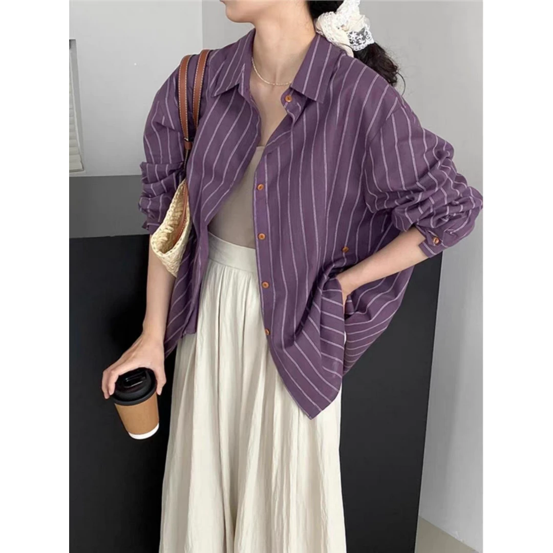 咆哮推荐~颜值拉满紫色条纹长袖衬衫女秋季时尚洋气宽松显瘦上衣