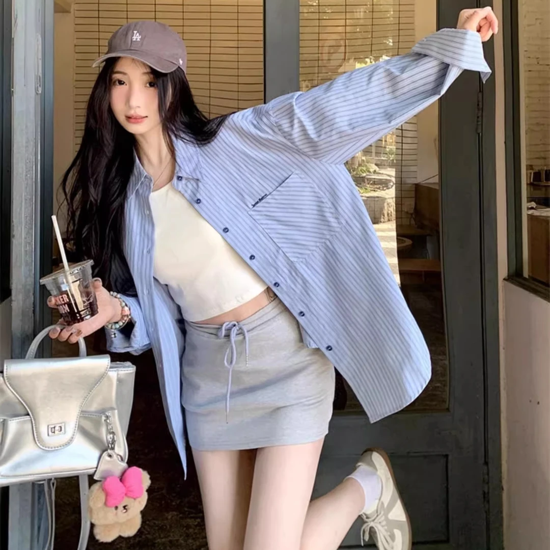 法式宽松蓝色条纹衬衫女2025春秋新款POLO领刺绣休闲防晒长袖上衣