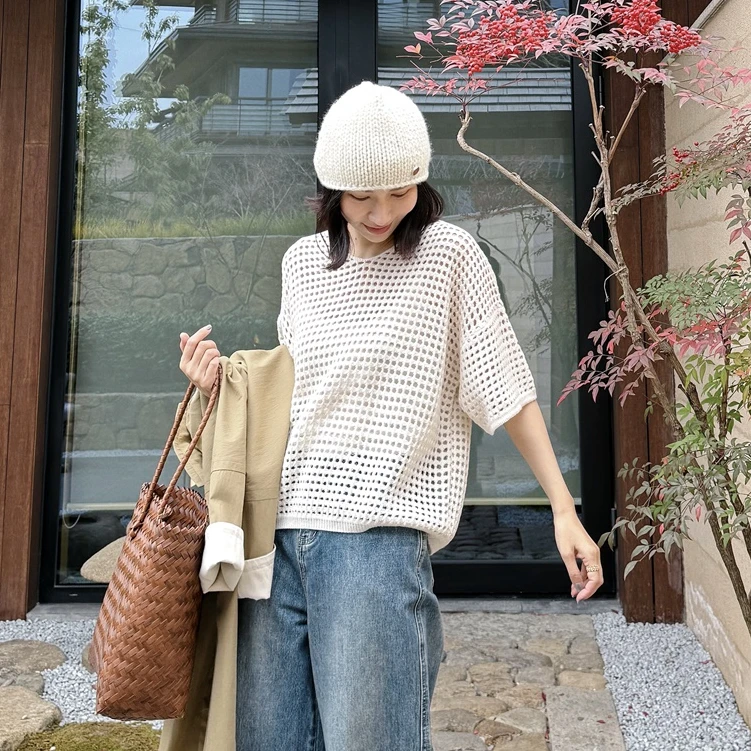 【MGDM】镂空短袖美丽诺羊毛针织宽松罩衫女2025春YSA0449